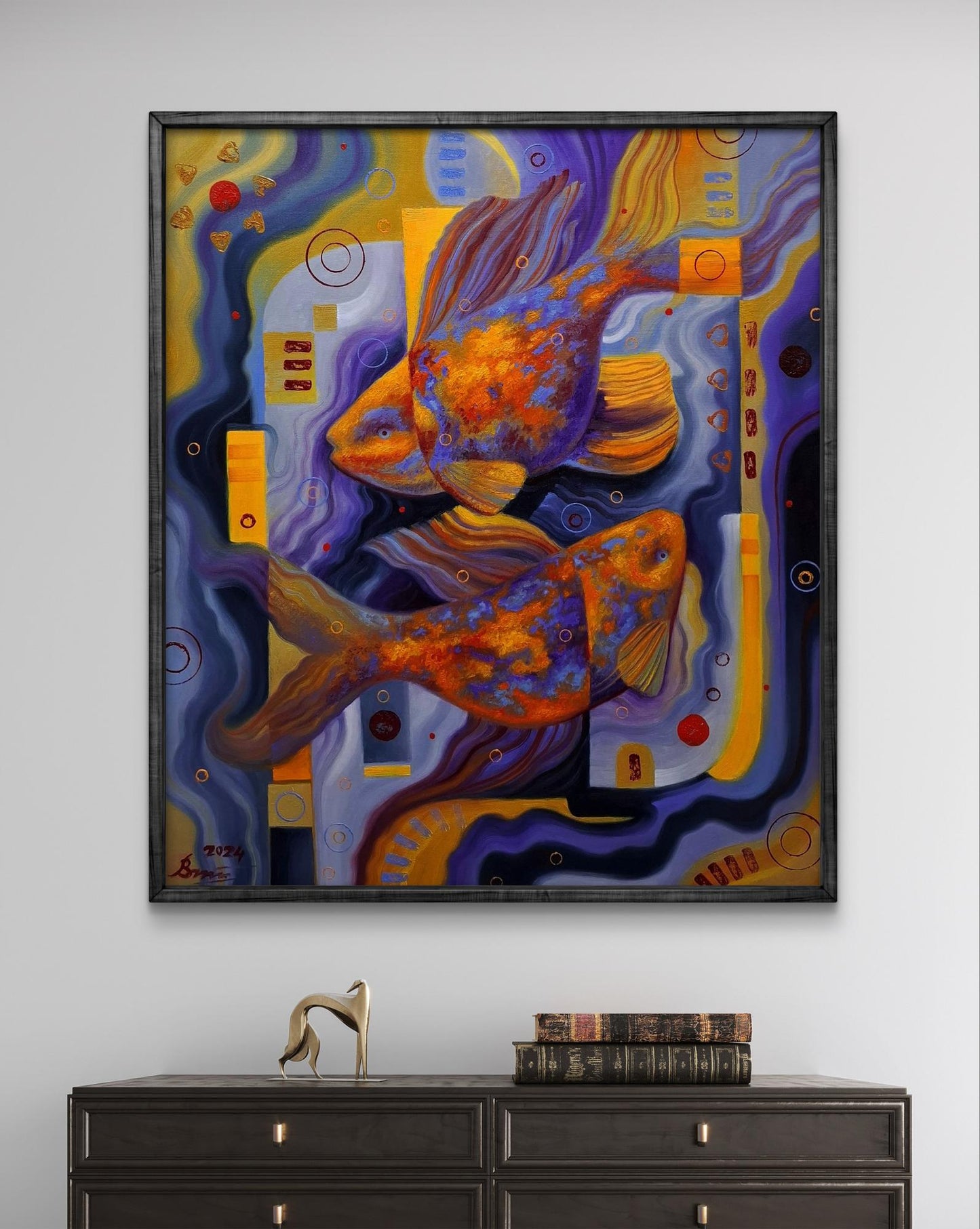 Vibrant oil painting by Sergiy Voichenko: golden-orange fish in purple-yellow swirls, black frame
