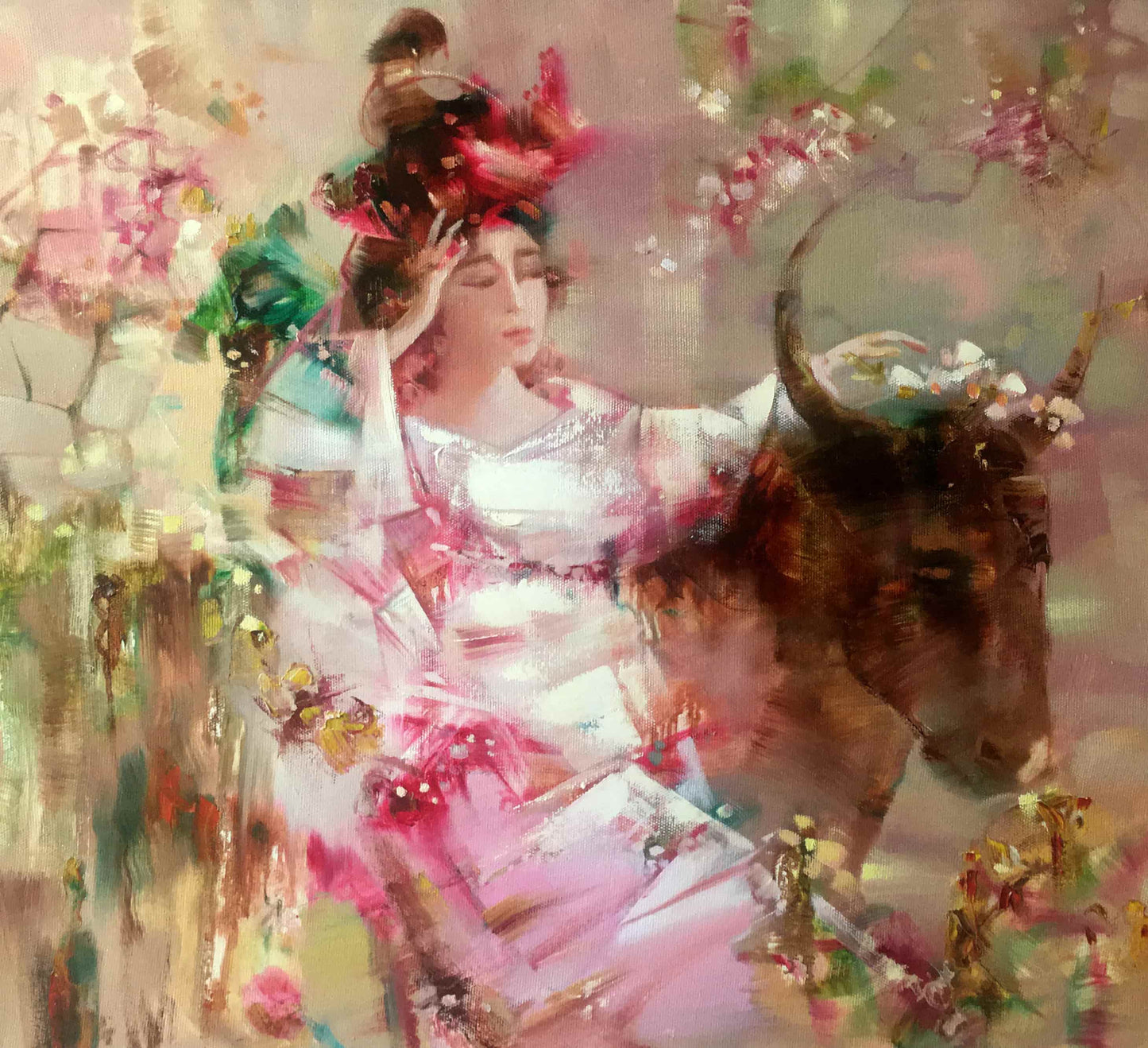 Custom stylized portrait of woman in pink gown with bull under blossoms