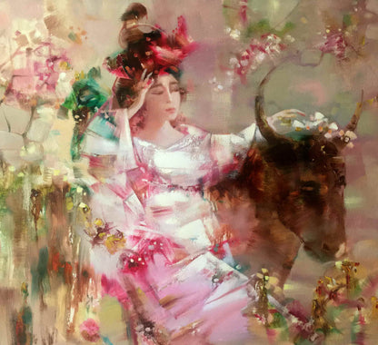 Custom stylized portrait of woman in pink gown with bull under blossoms