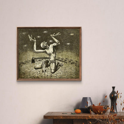 Framed etching painting Supplication by Oleksandr Zhmailo, skeletal figure