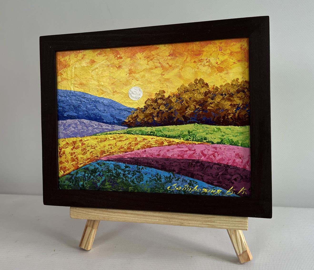 Oil painting Autumn evening in the field by V. Zadorozhnya in black frame