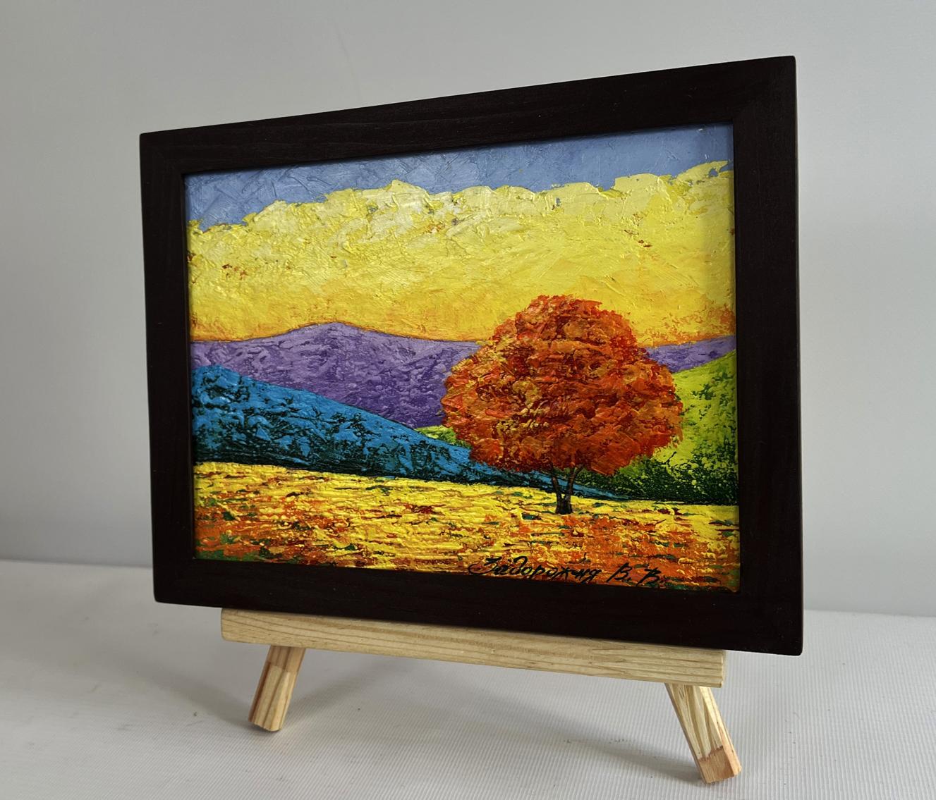 Oil painting Blazing Sunset V. Zadorozhnya: orange tree on hills in black frame