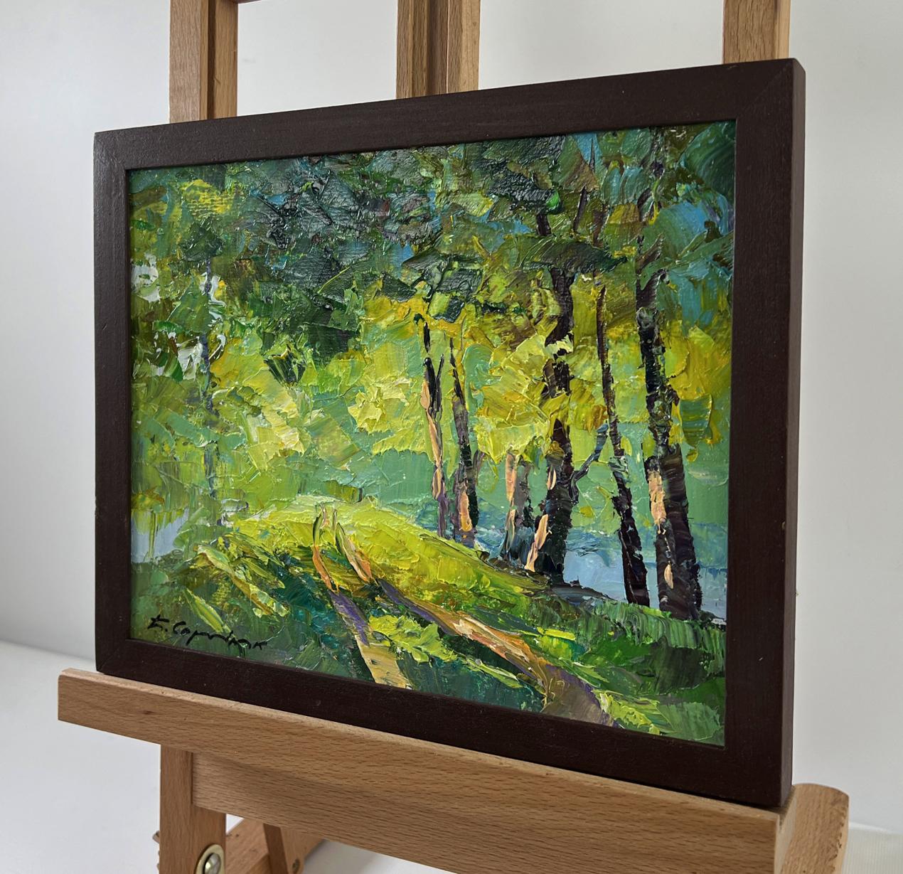 Oil painting The youth of nature by Boris Serdyuk, vibrant sunlit forest in wood frame