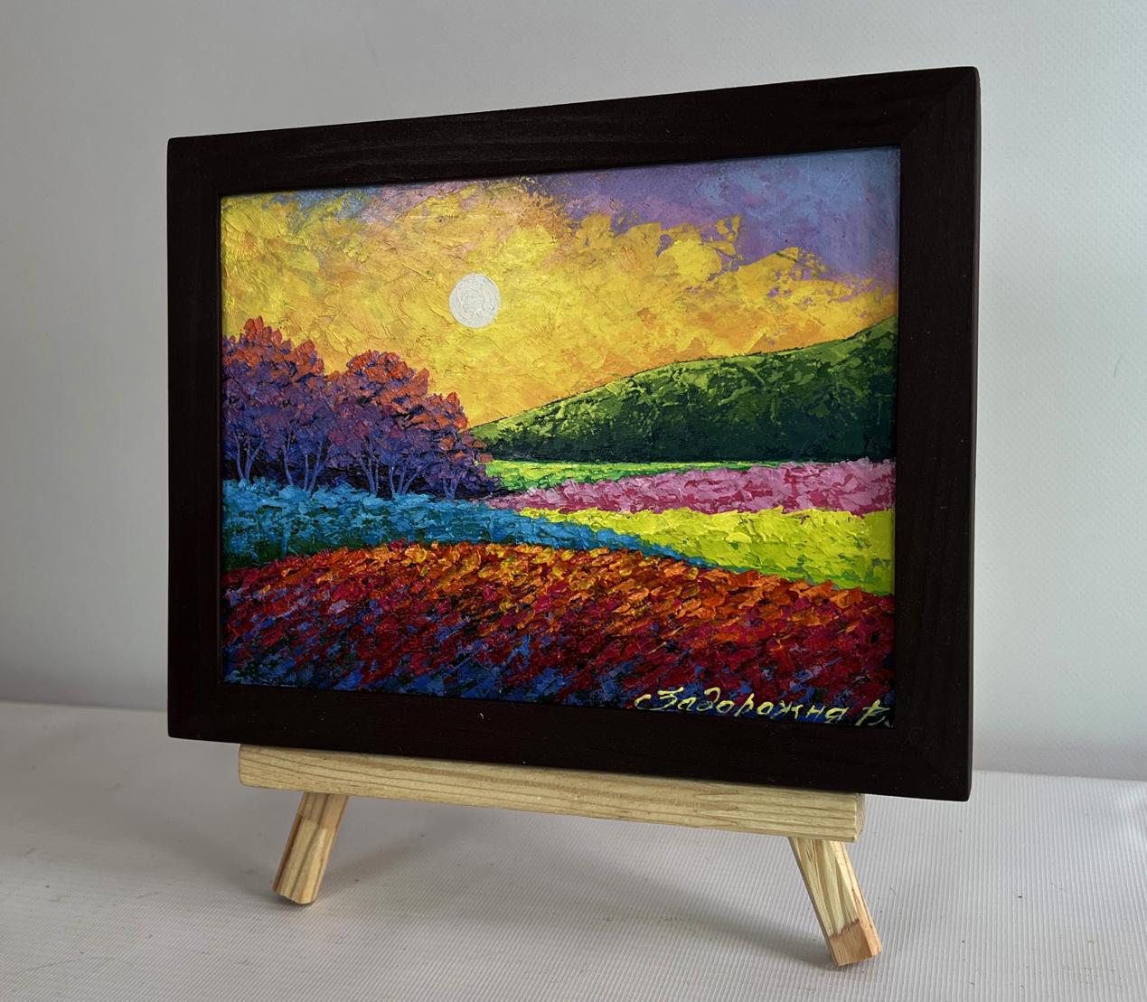 Oil painting Spring fields in sunset light by V. Zadorozhnya in wooden frame