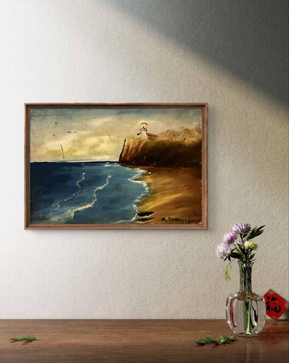 Framed oil painting of house on hill with lighthouse, coastal scene