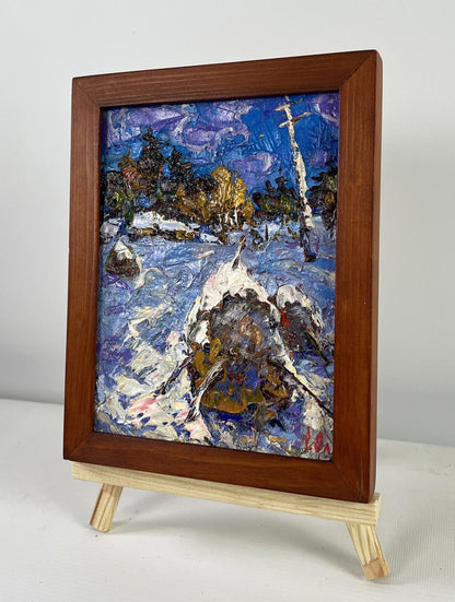 Framed miniature oil painting by Oleksiy Ivanyuk: snowy forest under purple sky