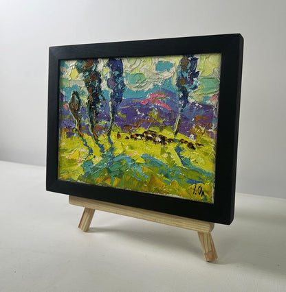 Oil painting Poplars above the path in fog by Oleksiy Ivanyuk in black frame