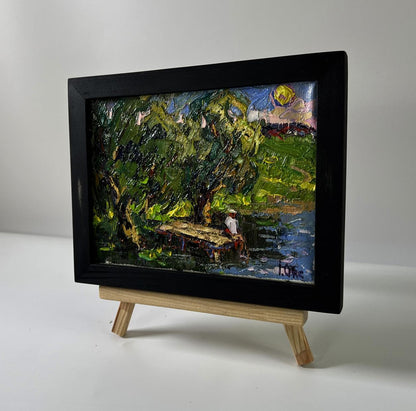 Oil painting The coast at sunset by Oksana Ivanyuk, lush green landscape