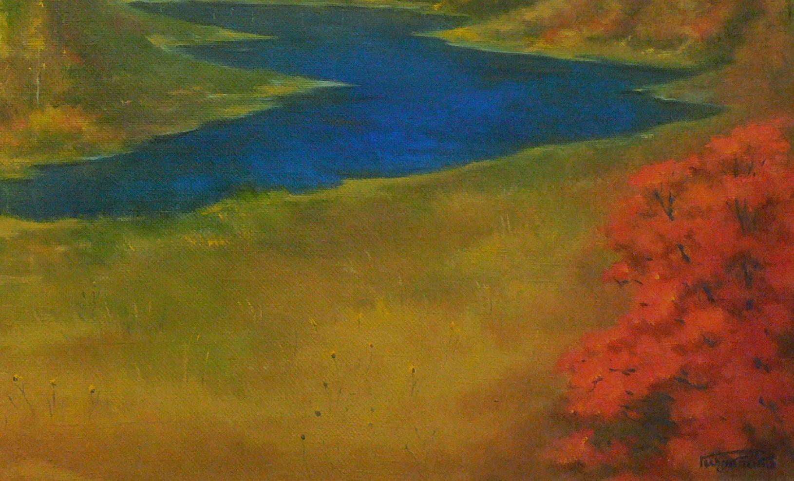 Oil painting Golden Autumn by Vasily Korkishko with blue river and red foliage
