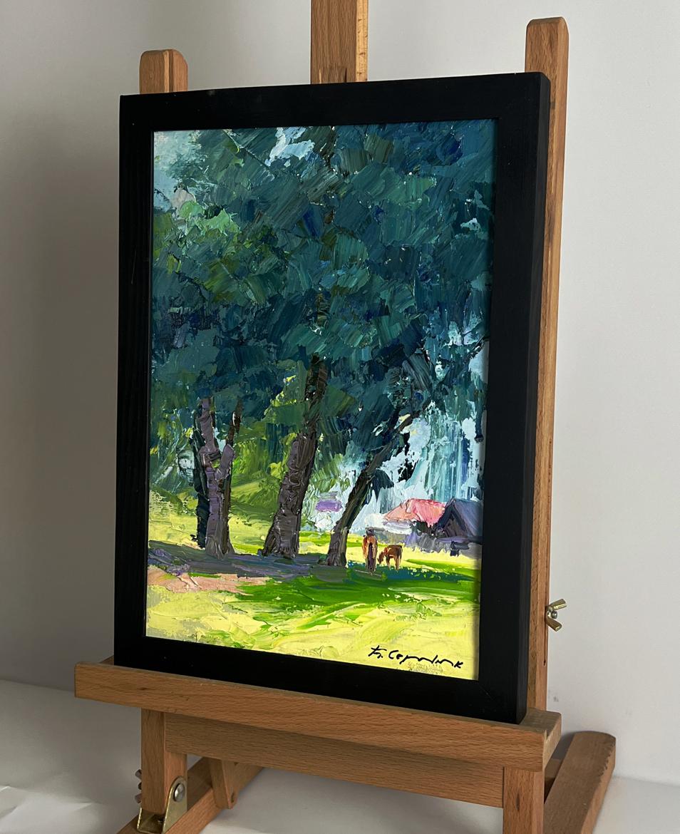 Framed oil painting of trees near village by Boris Serdyuk