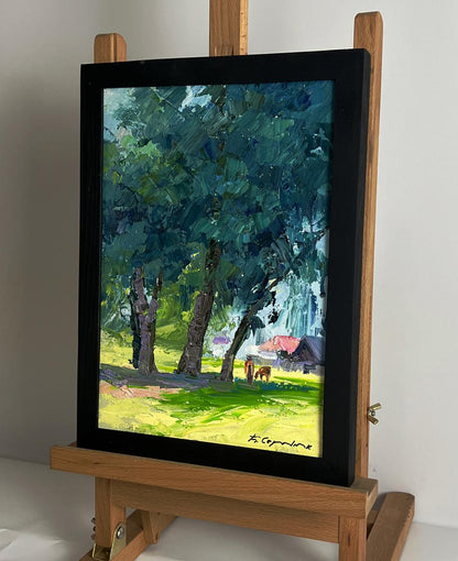 Framed oil painting of trees near village by Boris Serdyuk