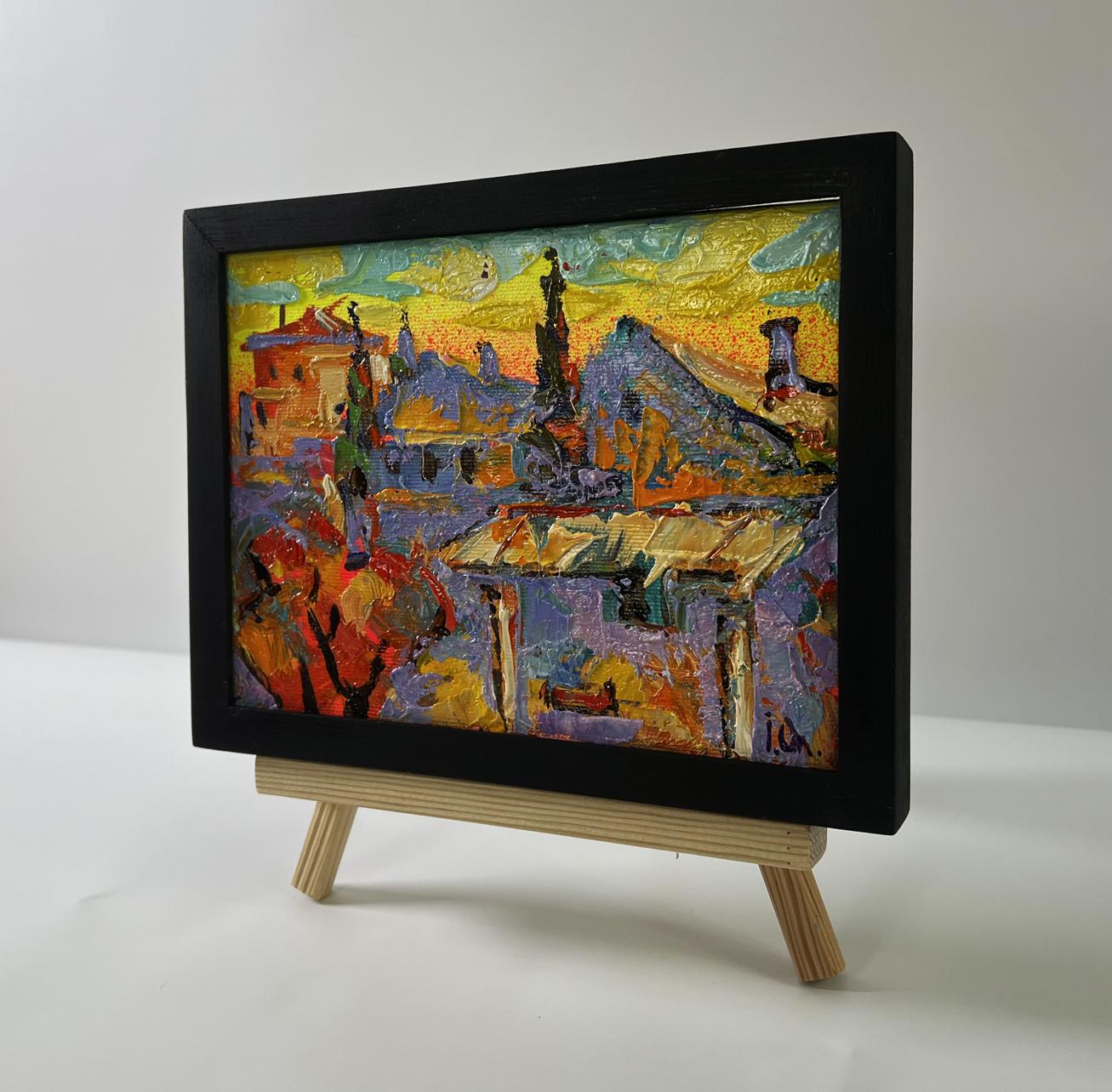 Oil painting Evening over the city by Oleksiy Ivanyuk in black frame