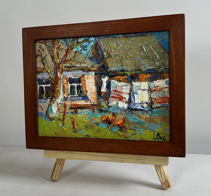 Oil painting Village courtyard by Oksana Ivanyuk with chickens