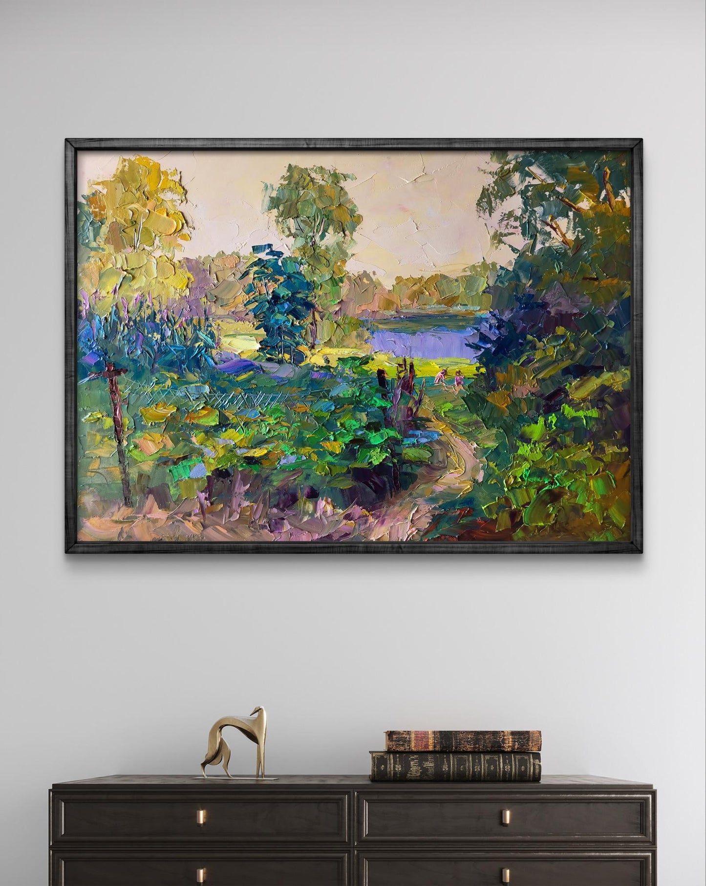 Framed oil painting The Path to the River by Boris Serdyuk, lush garden scene