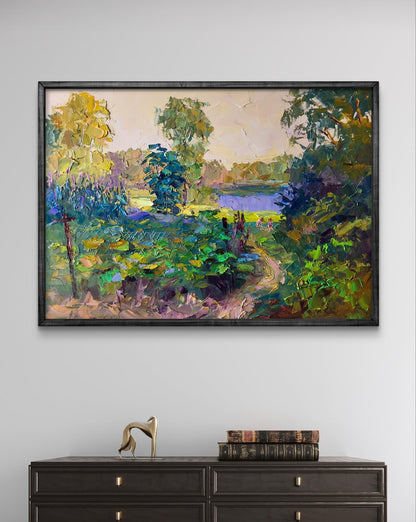 Framed oil painting The Path to the River by Boris Serdyuk, lush garden scene
