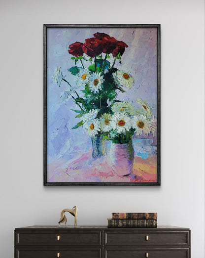Oil painting Bouquet of daisies and roses by Boris Serdyuk