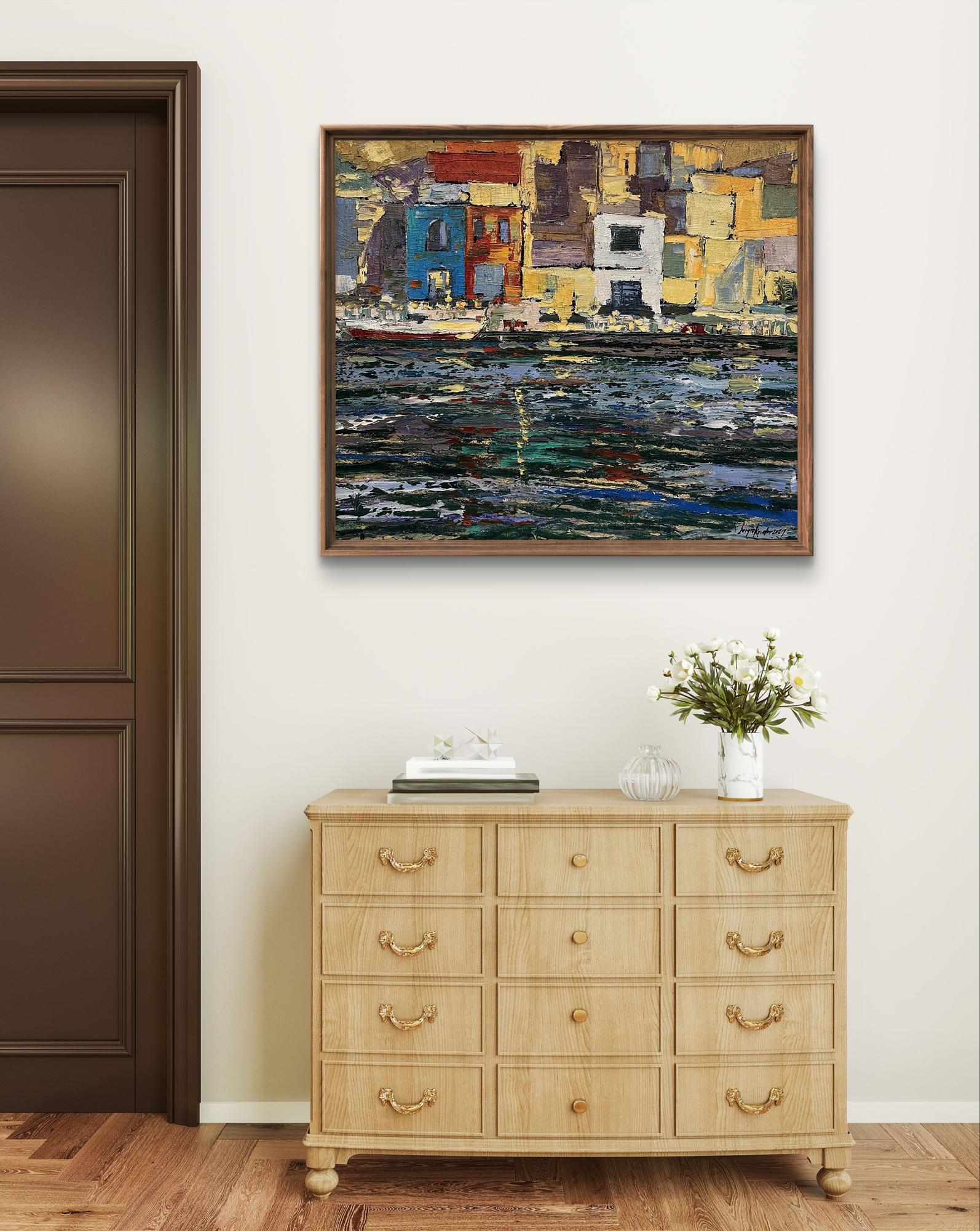 Vibrant abstract oil painting by Serhiy Kovalev in bold blues, yellows, reds, greens, wooden frame