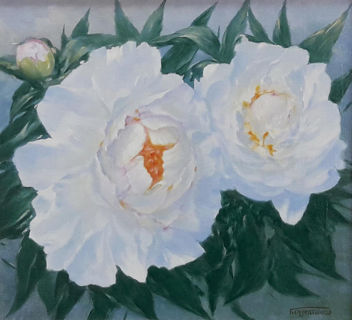 Oil painting of white peonies with orange centers by Vasily Korkishko