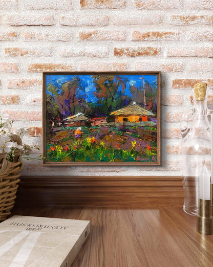 Oil painting Warm evening rays on the old porch by Oleksiy Ivanyuk in brown frame