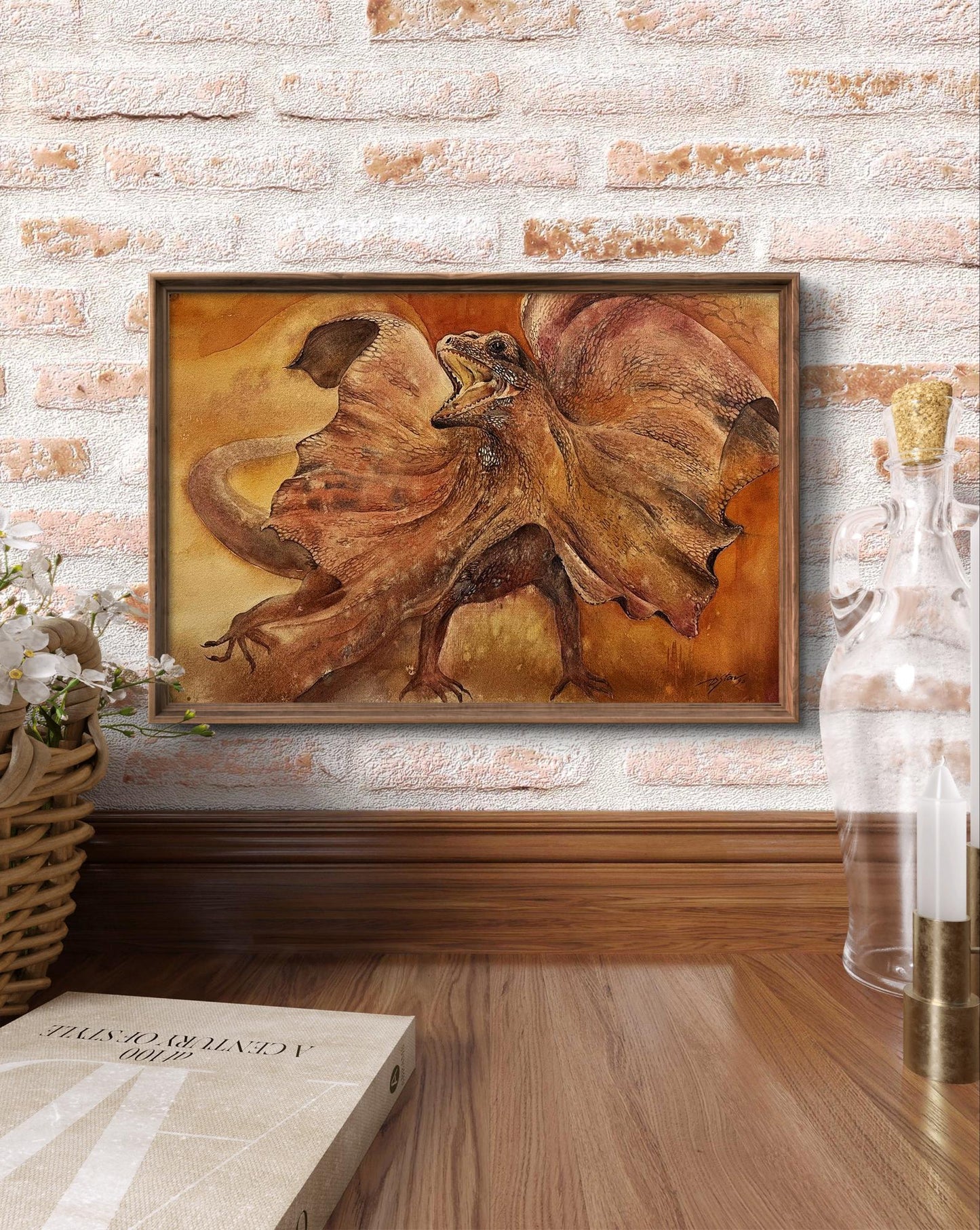 Framed watercolor of Cloaked lizard by Dmytro Startsev