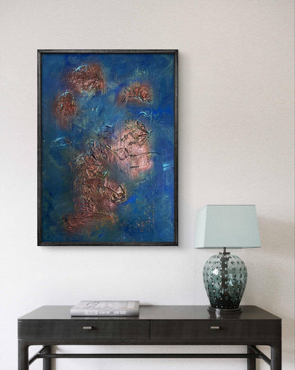 Acrylic painting Leaves in water by Olga Melezhik, blue orange textured abstract in black frame