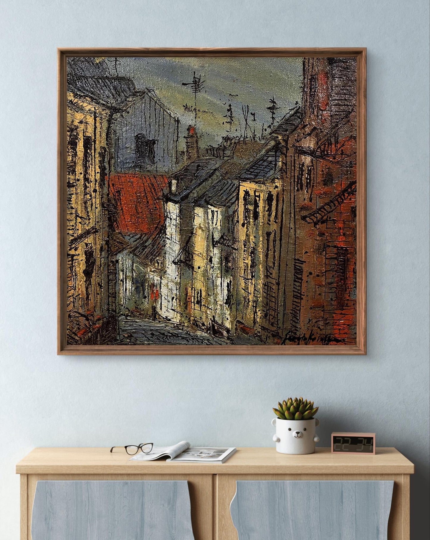 Oil painting City Descent by Serhiy Kovalev in wooden frame
