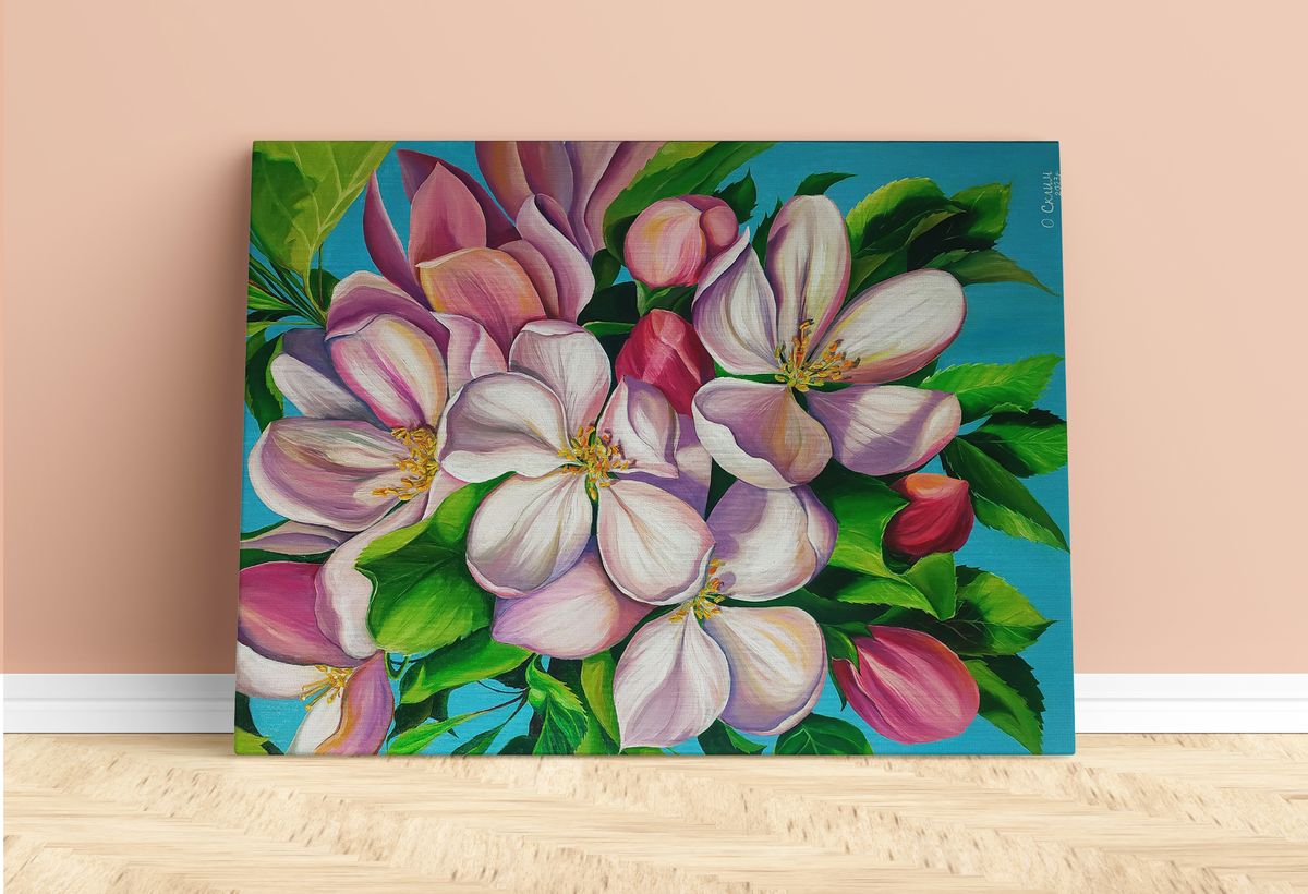 Oil painting Delicate spring flowers by Oksana Sklym pink blossoms blue background