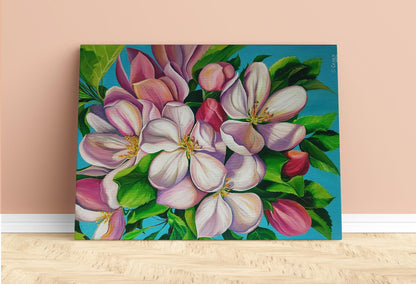Oil painting Delicate spring flowers by Oksana Sklym pink blossoms blue background