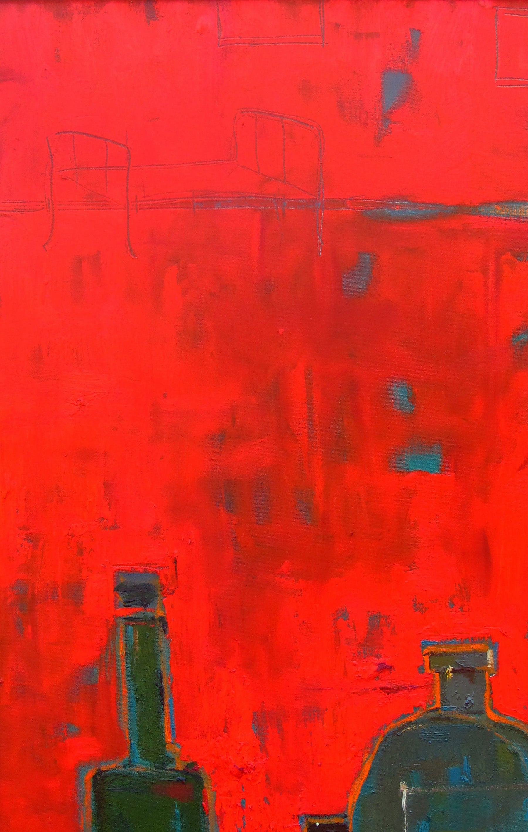 Oil painting of two dark green bottles by Natalia Korf-Ivaniuk on red background