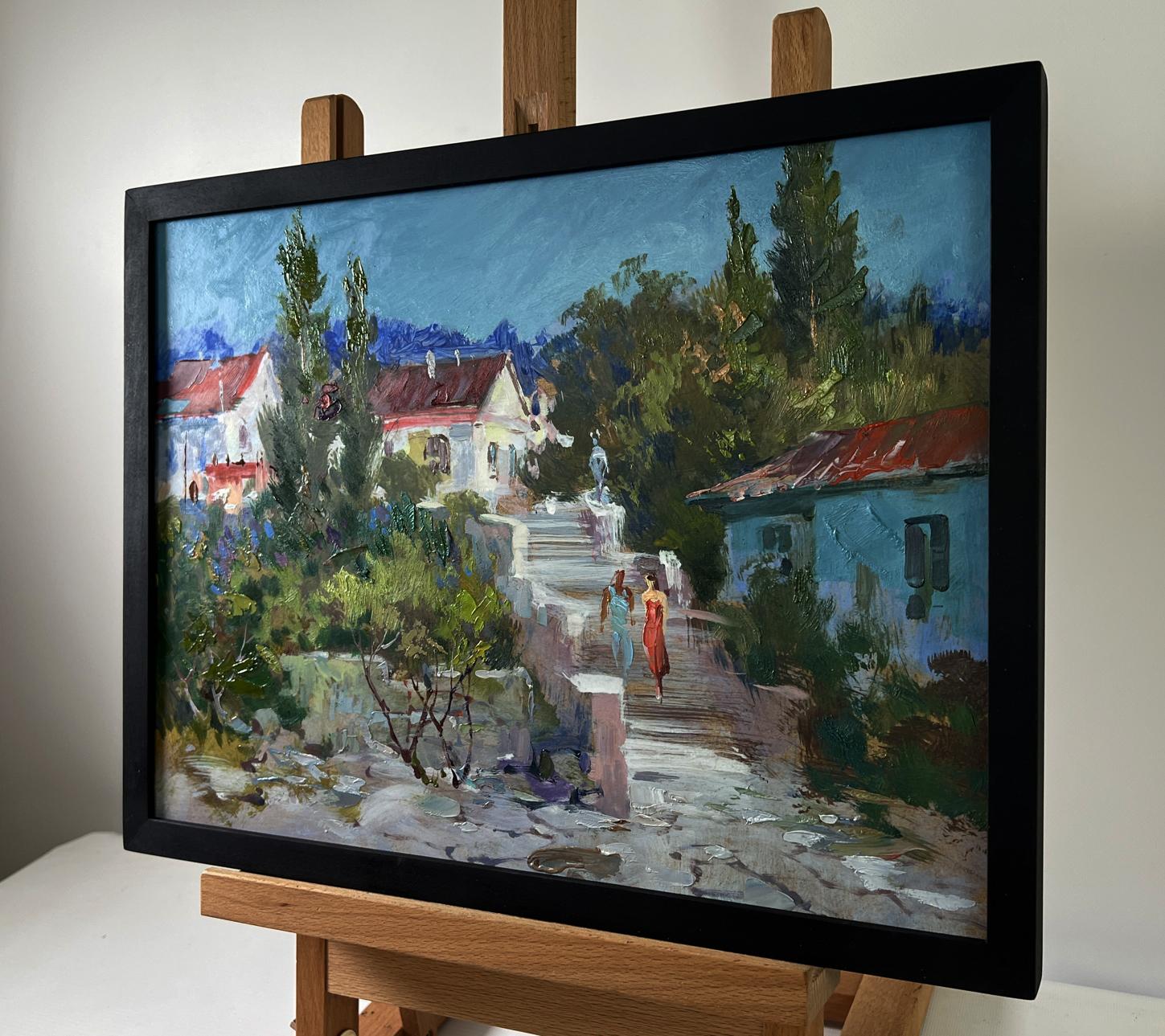 Framed oil painting of city streets walk by Yuriy Suprunchuk with vibrant colors