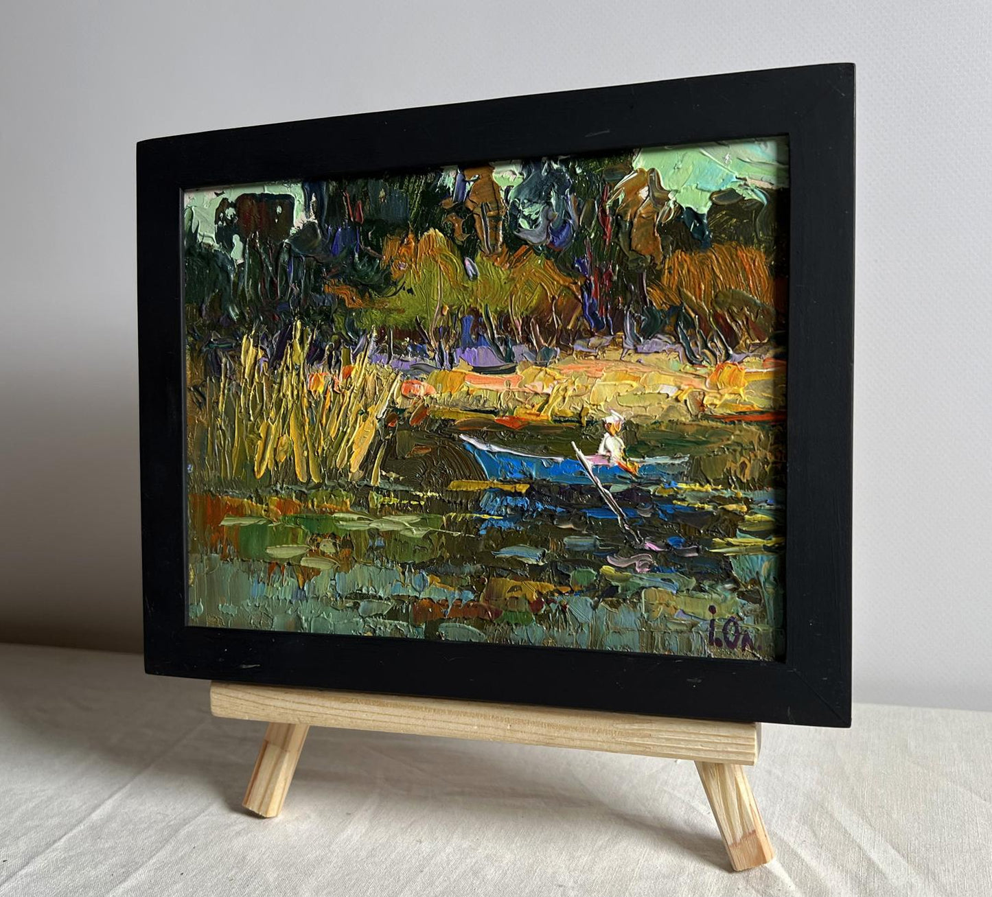 Oil painting I swim to the river bank by Oleksiy Ivanyuk in black frame