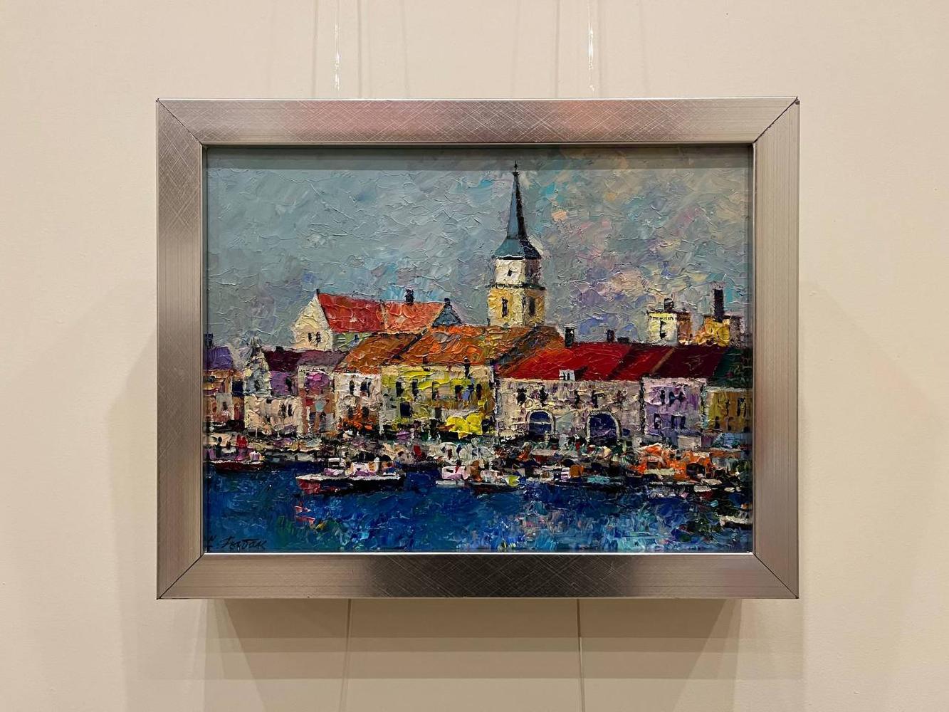 Oil painting City on the Water by Serhiy Rybak in silver frame