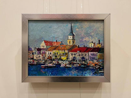 Oil painting City on the Water by Serhiy Rybak in silver frame