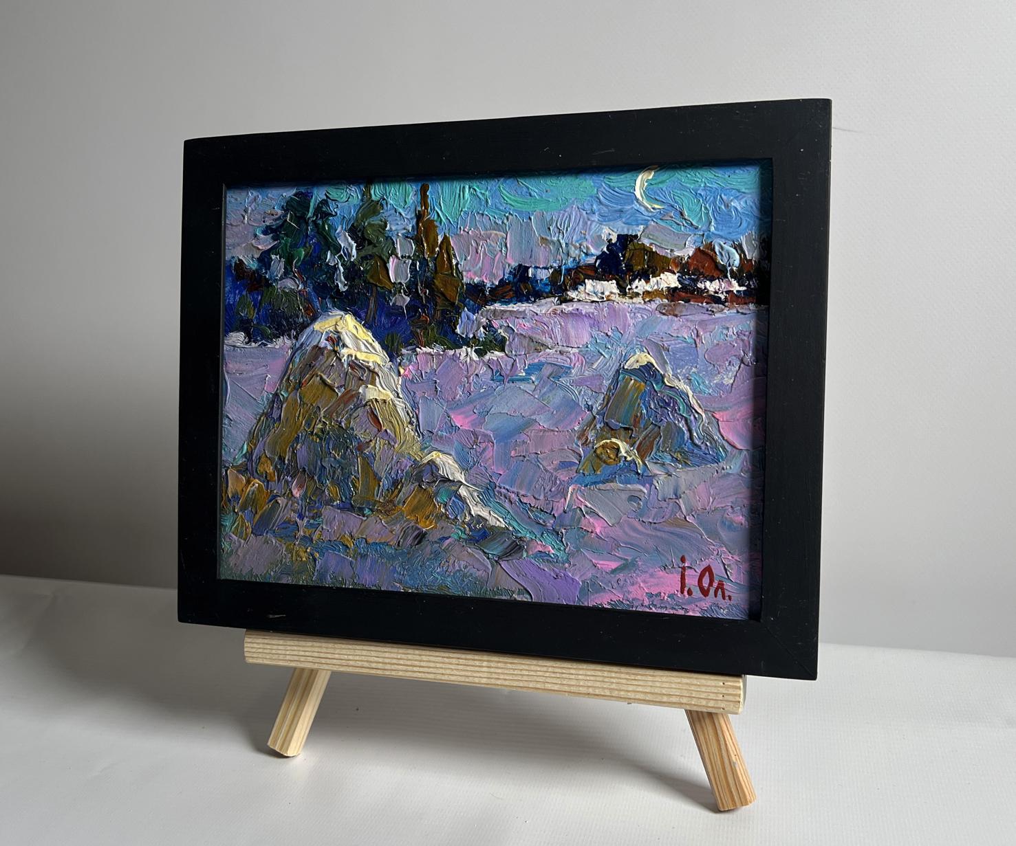 Oleksiy Ivanyuk oil painting of snowy field under crescent moon in purple blue tones