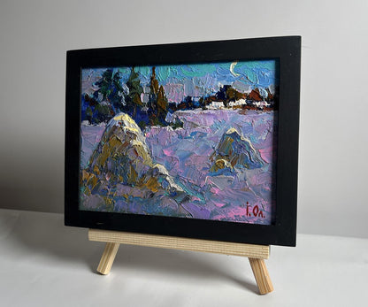 Oleksiy Ivanyuk oil painting of snowy field under crescent moon in purple blue tones
