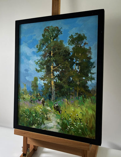 Oil painting Summer road to the forest by Yuriy Suprunchuk in black frame