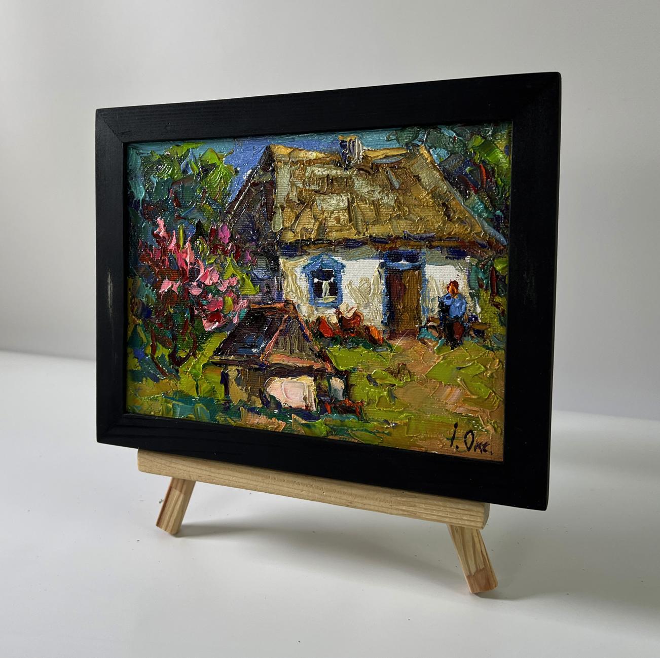 Oil painting Spring in the village by Oksana Ivanyuk in black frame