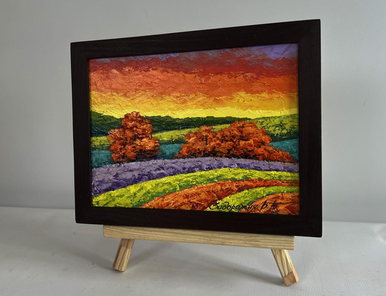 Oil painting Autumn sunset in the field by V. Zadorozhnya in black frame