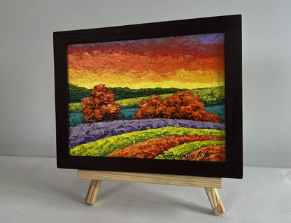 Oil painting Autumn sunset in the field by V. Zadorozhnya in black frame