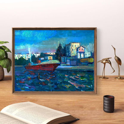 Framed impressionist oil painting Red barge on water by Pavel Dobrev