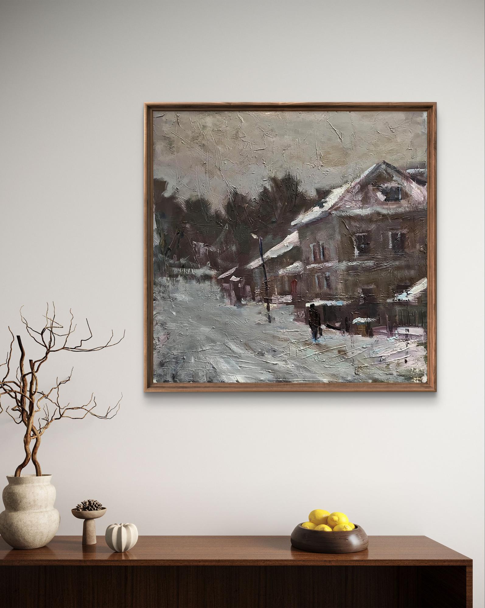 Framed impressionistic snowy village street oil painting by Volodymyr Pashchenko