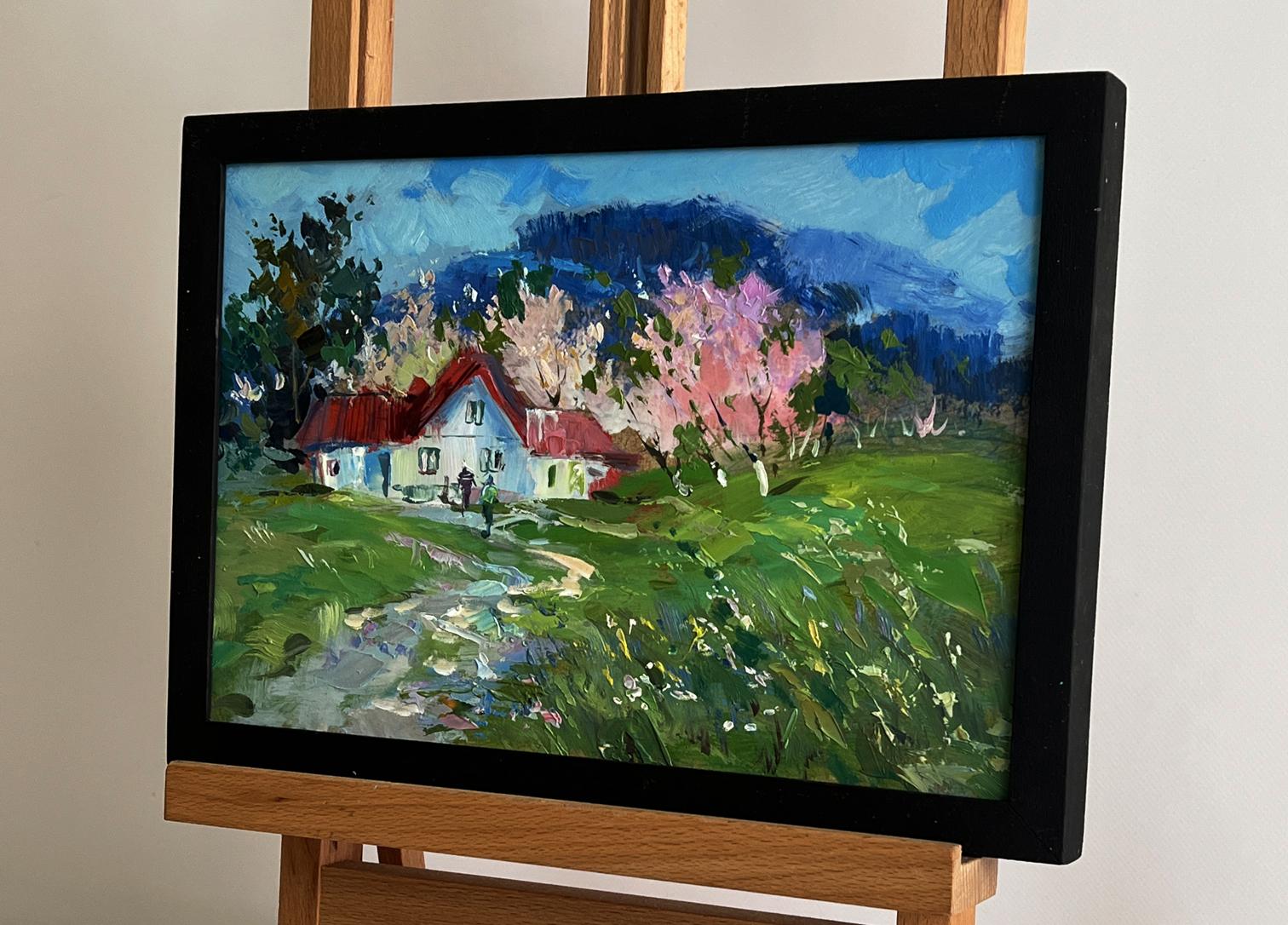 Framed impressionist oil painting Blooming trees in the garden by Yuriy Suprunchuk