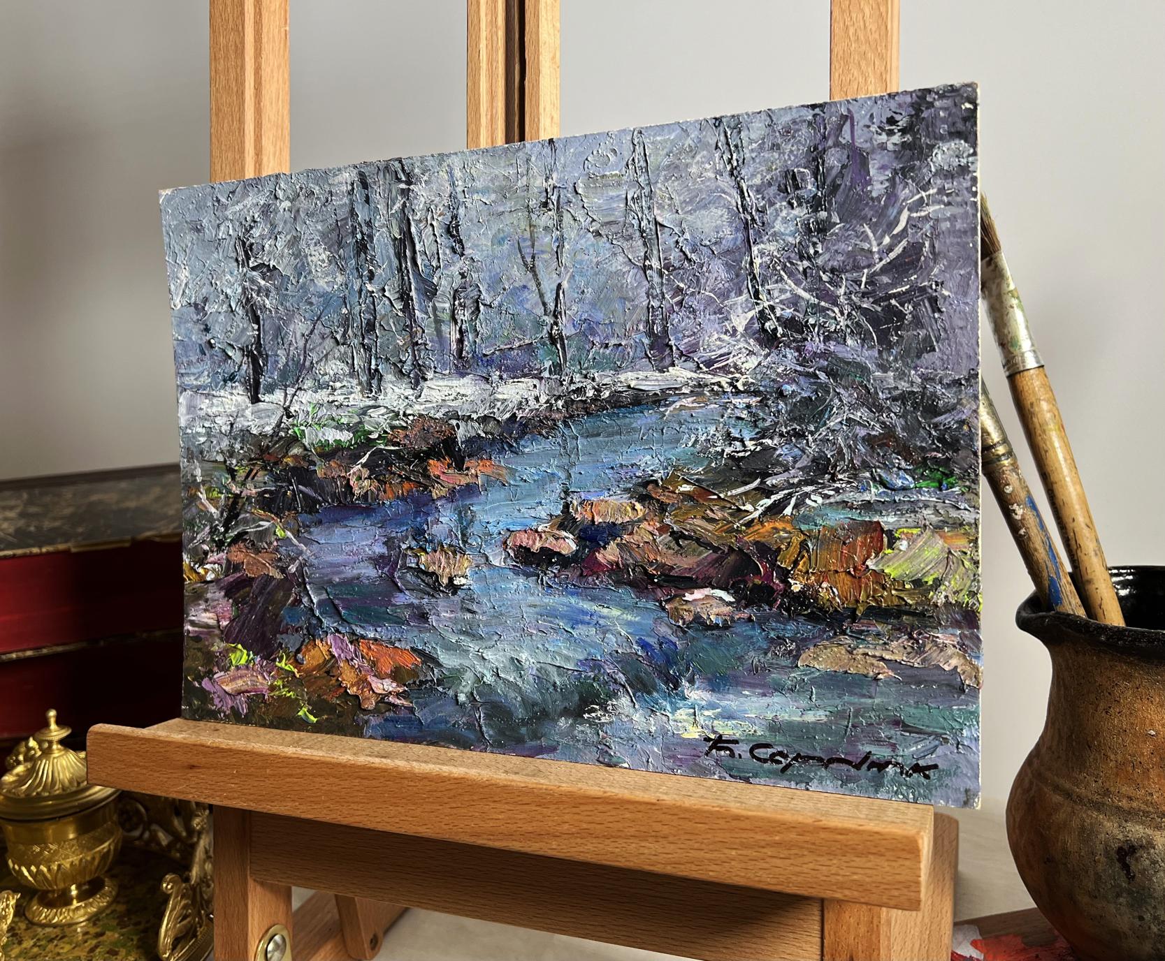Oil painting Magical Winter by Boris Serdyuk: snowy forest stream with autumn leaves