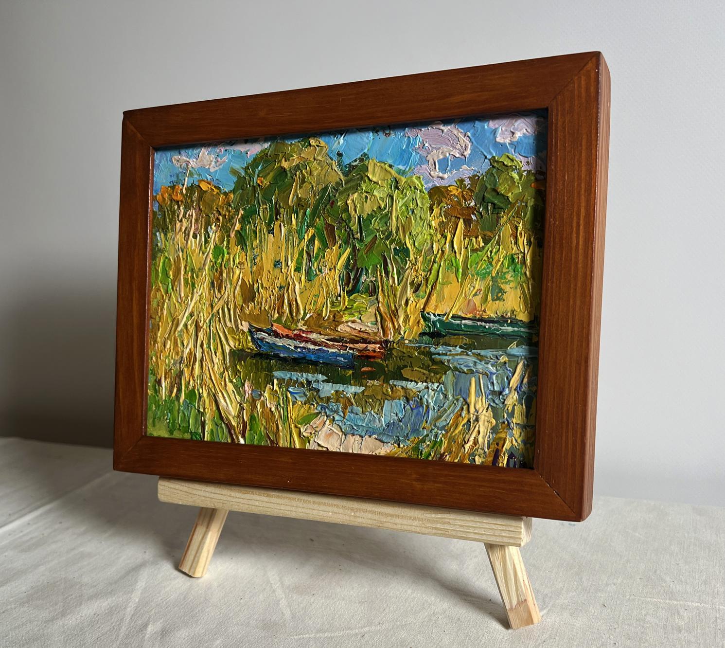 Oil painting Boats on the shore by Oleksiy Ivanyuk in rustic brown frame