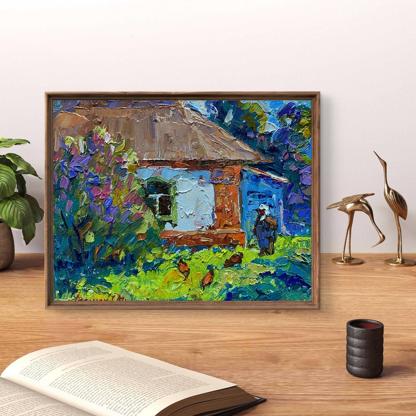 Oleksiy Ivanyuk oil painting of colorful countryside cottage with chickens in yard, framed