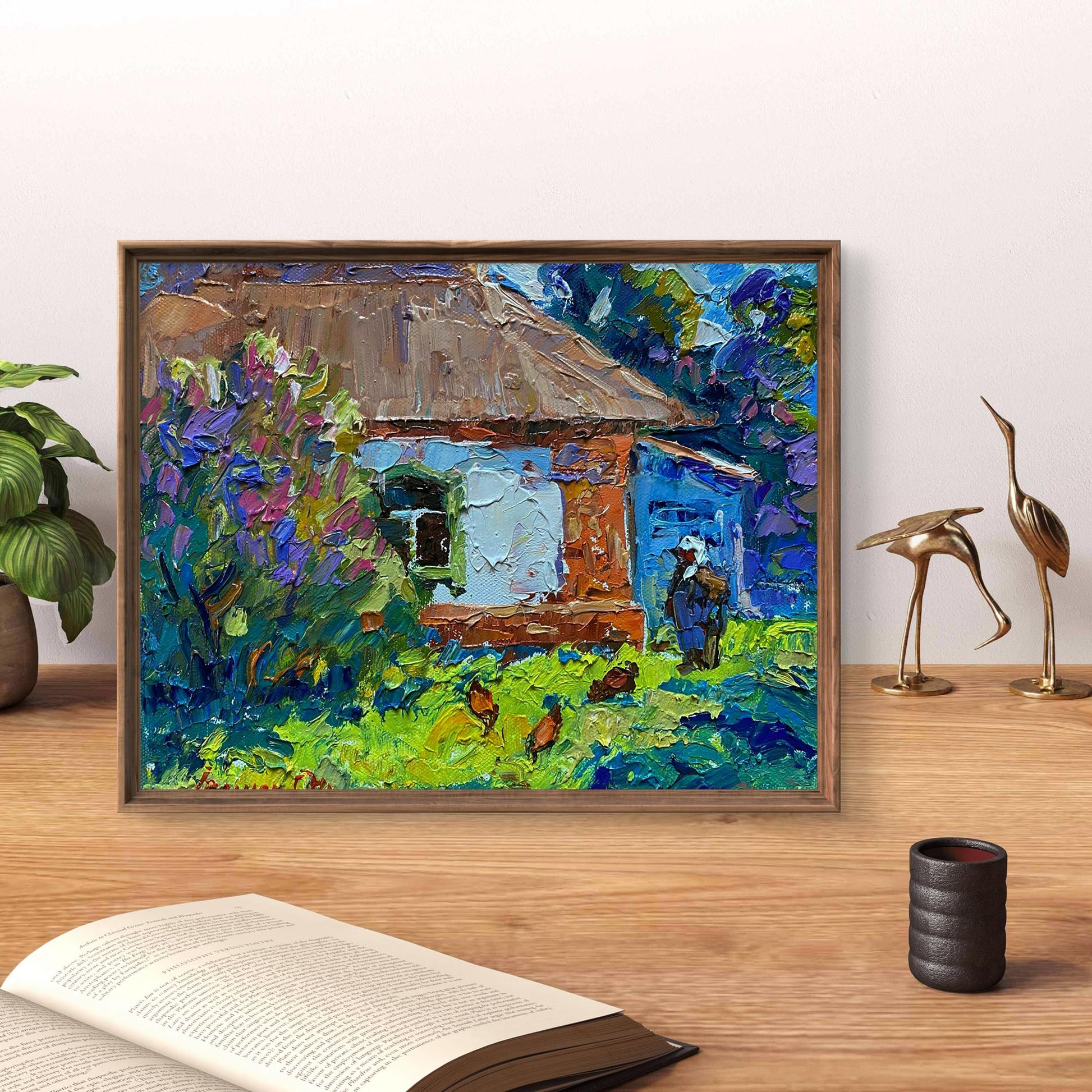 Oleksiy Ivanyuk oil painting of colorful countryside cottage with chickens in yard, framed