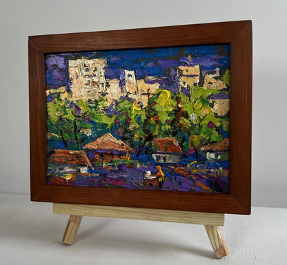 Oil painting On the outskirts of the city by Oleksiy Ivanyuk in wooden frame