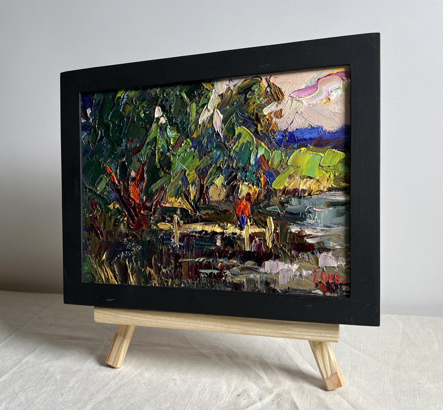 Oil painting Willows by the River by Oksana Ivanyuk in black frame