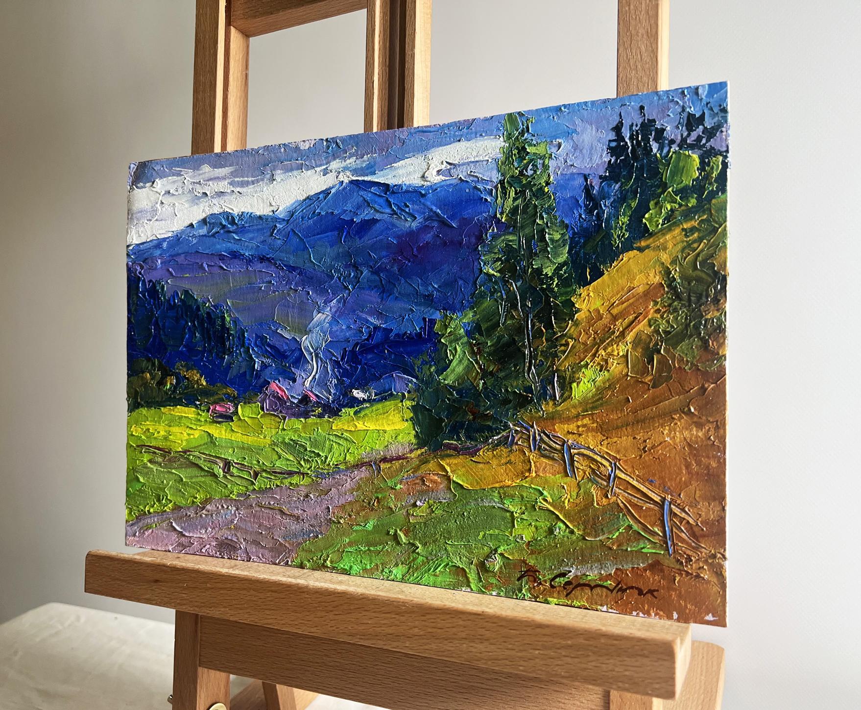Vibrant impressionist oil painting of Boris Serdyuk village in mountains