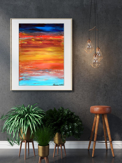 Vibrant Acrylic Window painting by Olga Melezhik sunset in white frame